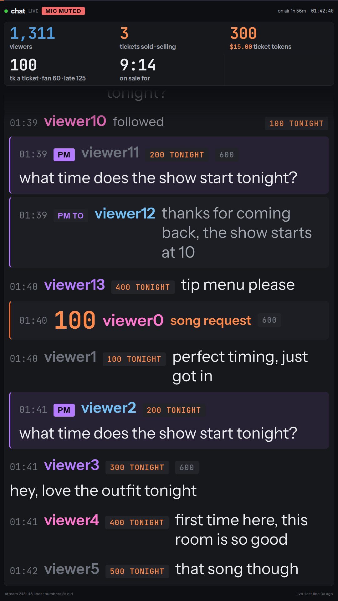 Chat screen with tips, messages and ticket show figures (sample data)